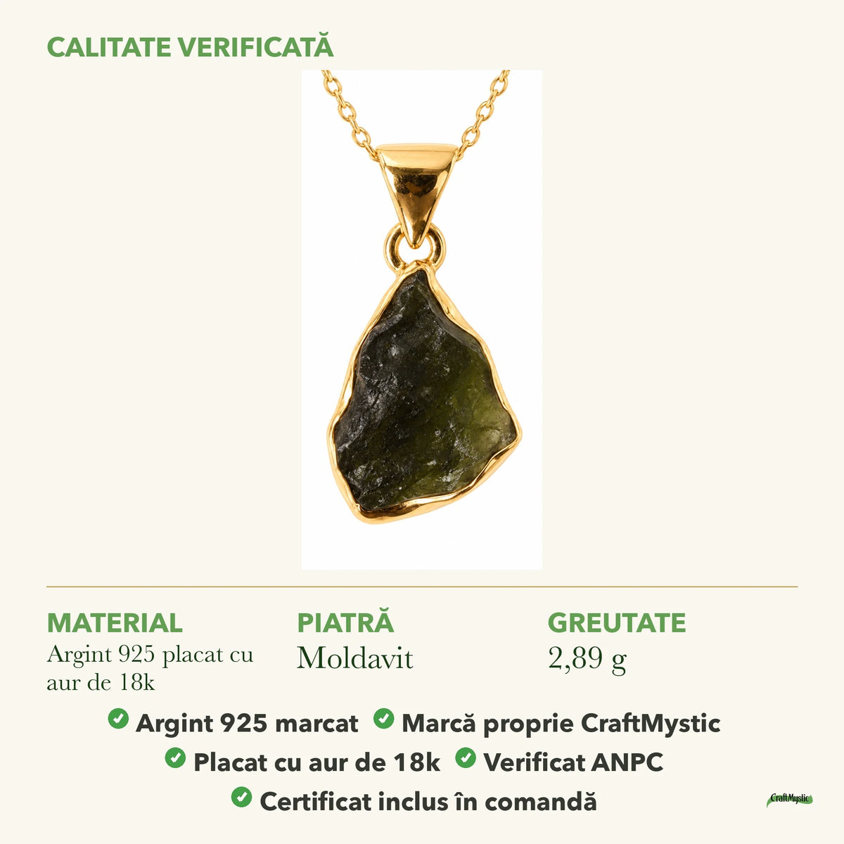 Colier cu Moldavit: material, dimensiunea pietrei, greutate și marcajul 925