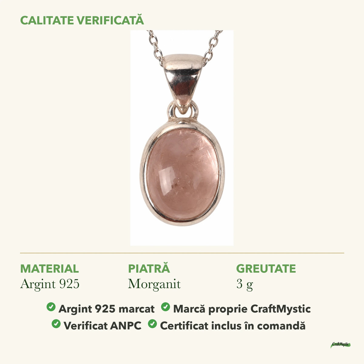 Colier cu Morganit: material, dimensiunea pietrei, greutate și marcajul 925