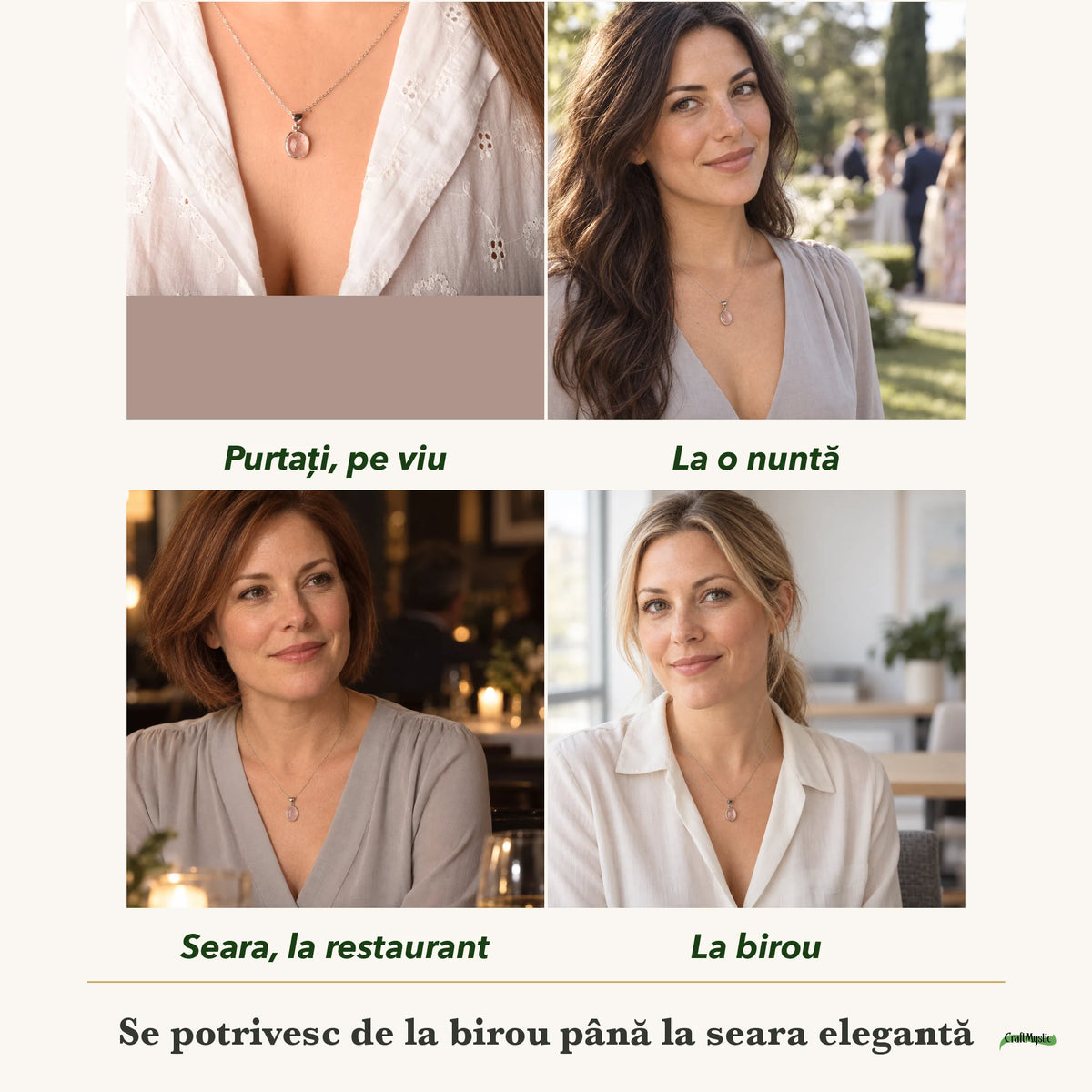 Colier cu Morganit purtați de patru femei, la nuntă, seara, la birou și la o aniversare