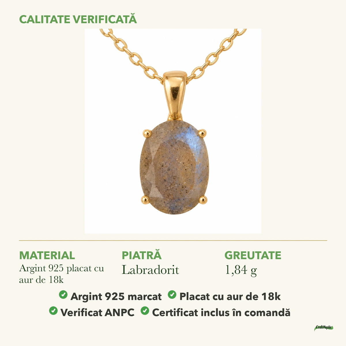 Colier cu Labradorit: material, dimensiunea pietrei, greutate și marcajul 925