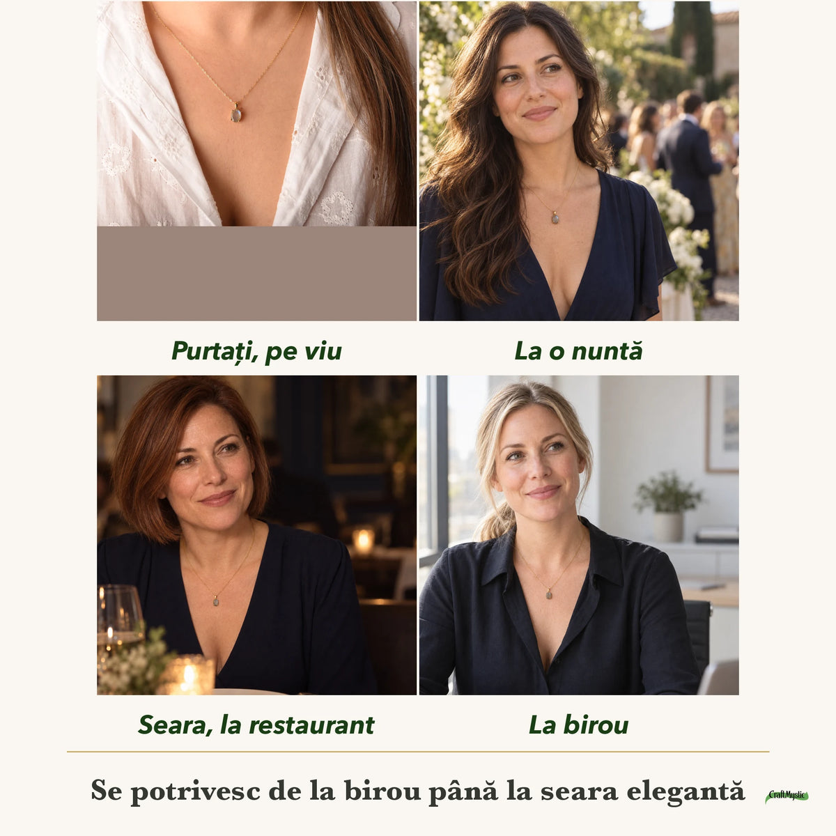 Colier cu Labradorit purtați de patru femei, la nuntă, seara, la birou și la o aniversare
