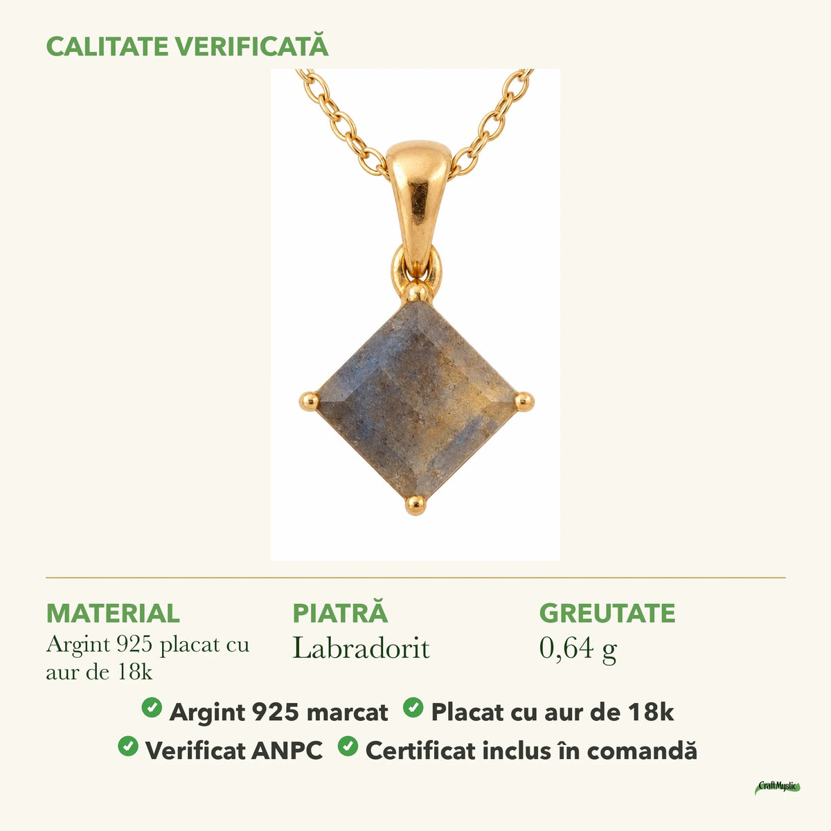 Colier cu Labradorit: material, dimensiunea pietrei, greutate și marcajul 925