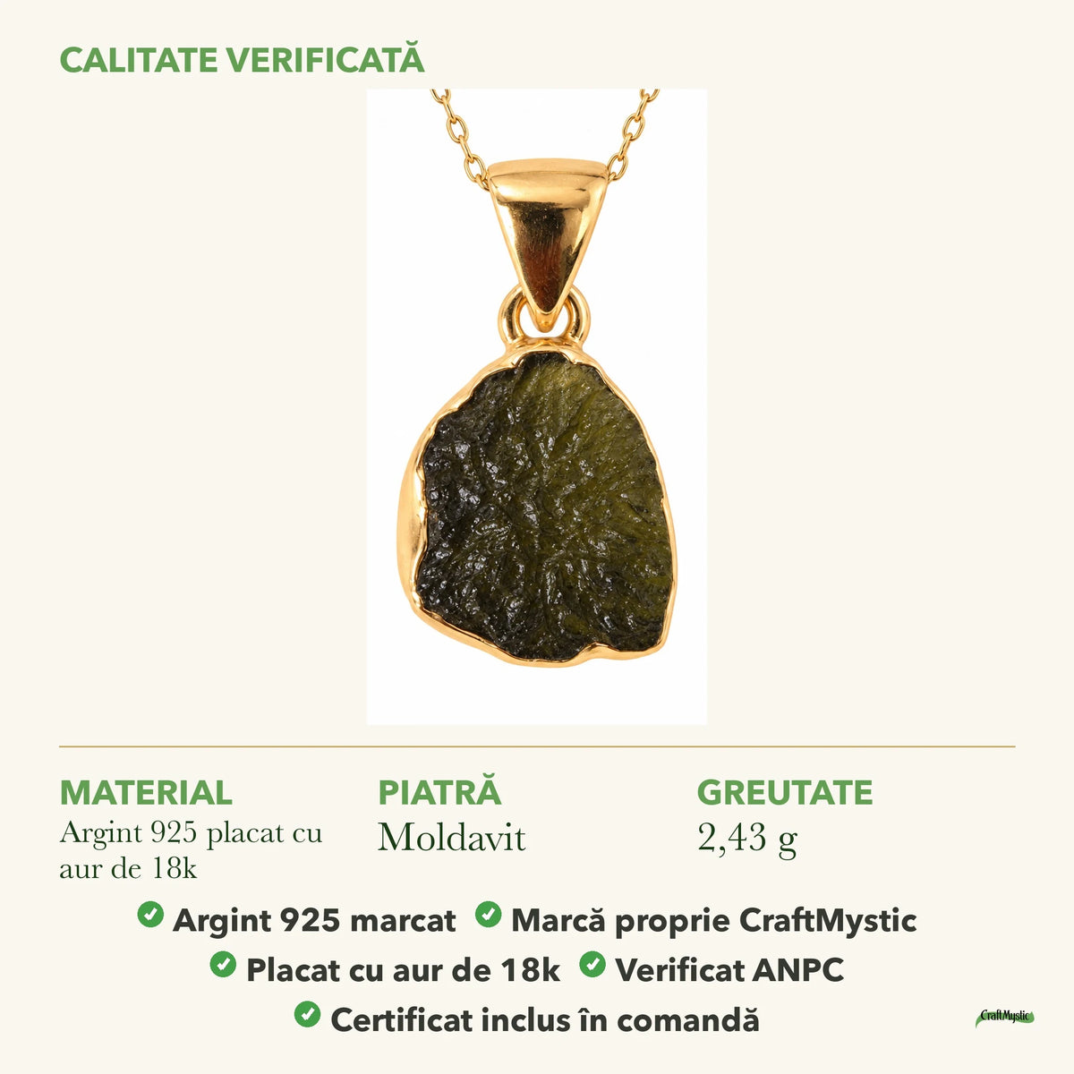 Colier cu Moldavit: material, dimensiunea pietrei, greutate și marcajul 925