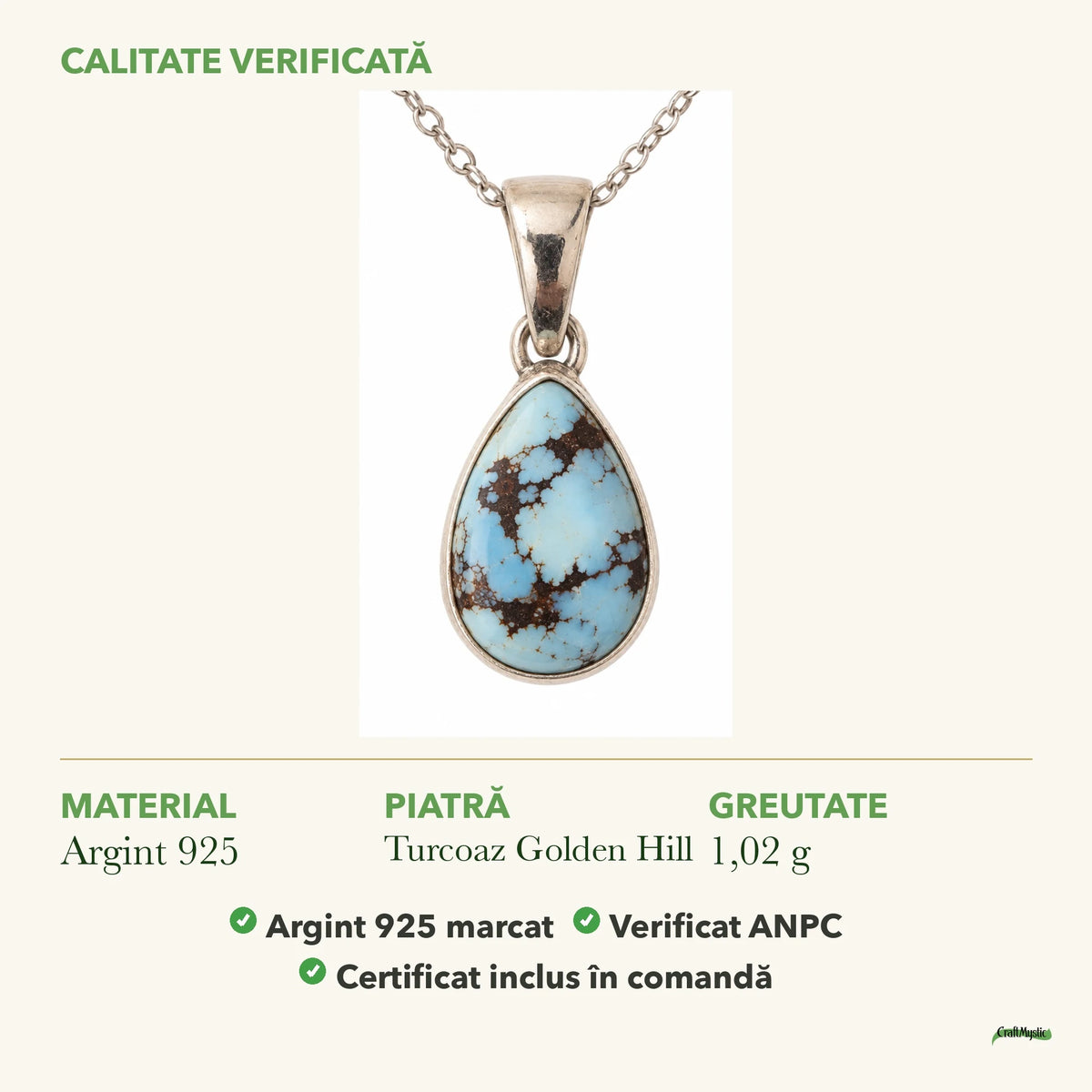 Colier cu Turcoaz Golden Hill: material, dimensiunea pietrei, greutate și marcajul 925