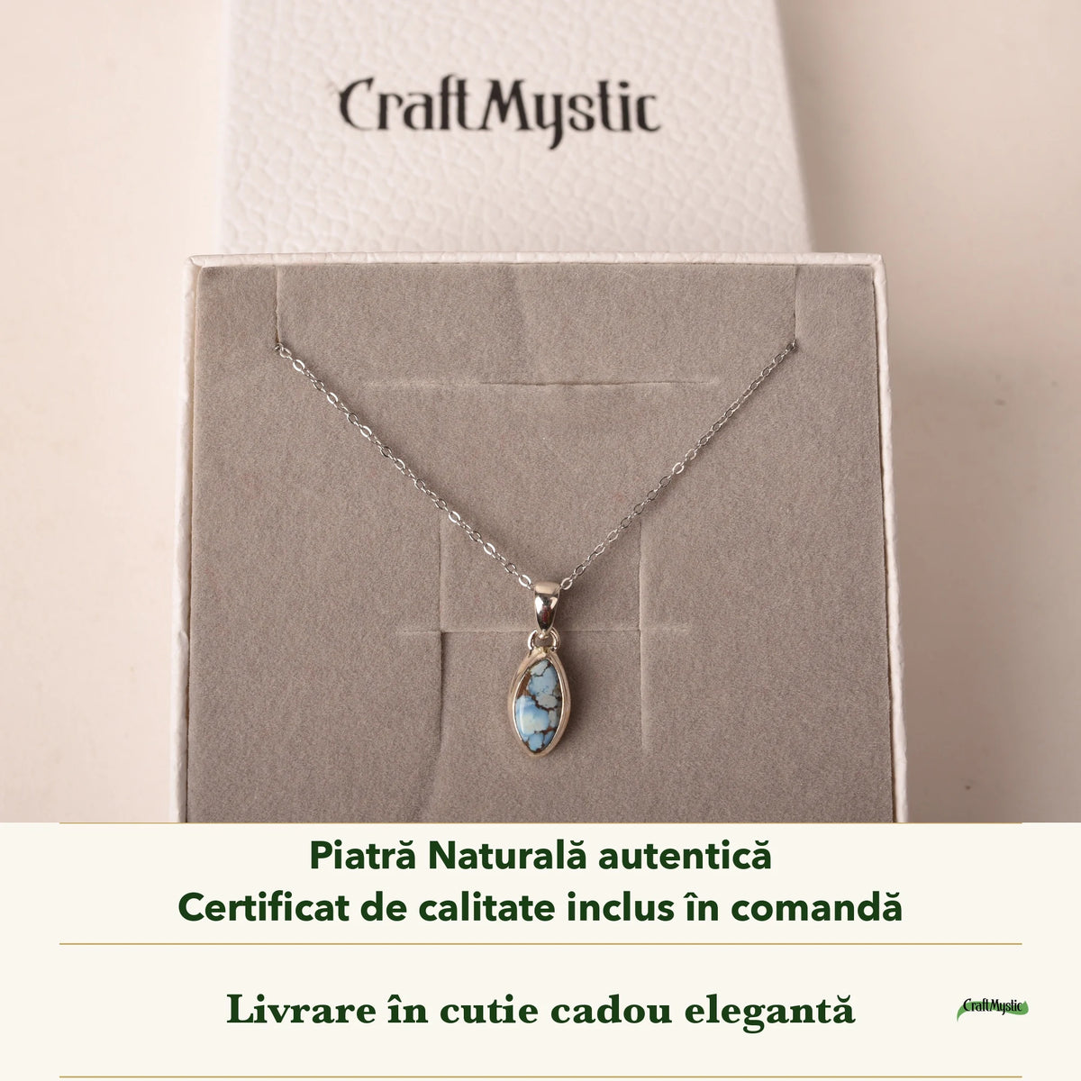 Colier cu Turcoaz Golden Hill în cutia cadou CraftMystic, cu certificatul de calitate