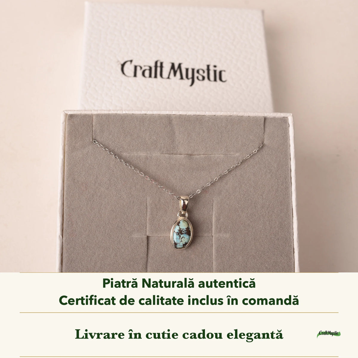 Colier cu Turcoaz Golden Hill în cutia cadou CraftMystic, cu certificatul de calitate