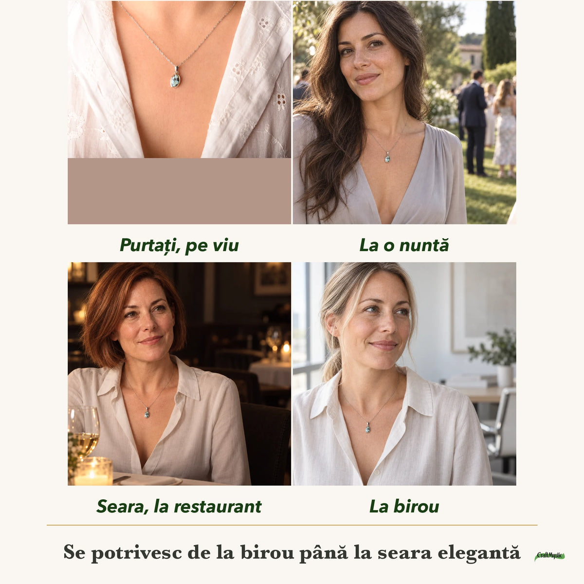 Colier cu Turcoaz Golden Hill purtați de patru femei, la nuntă, seara, la birou și la o aniversare