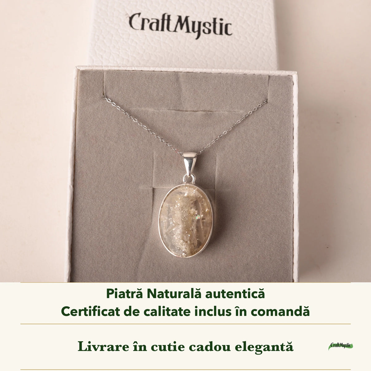 Colier cu Cuarț de Manifestare în cutia cadou CraftMystic, cu certificatul de calitate