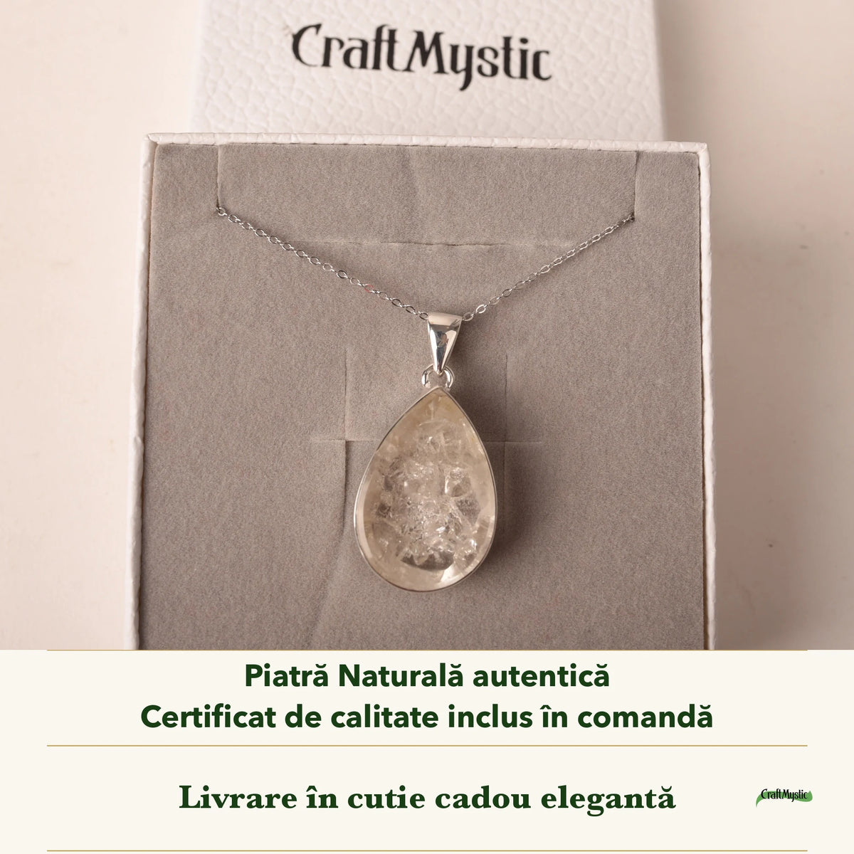 Colier cu Cuarț de Manifestare în cutia cadou CraftMystic, cu certificatul de calitate