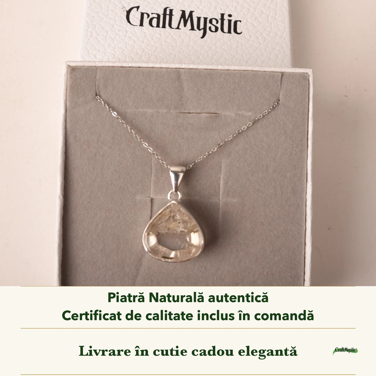 Colier cu Cuarț de Manifestare în cutia cadou CraftMystic, cu certificatul de calitate