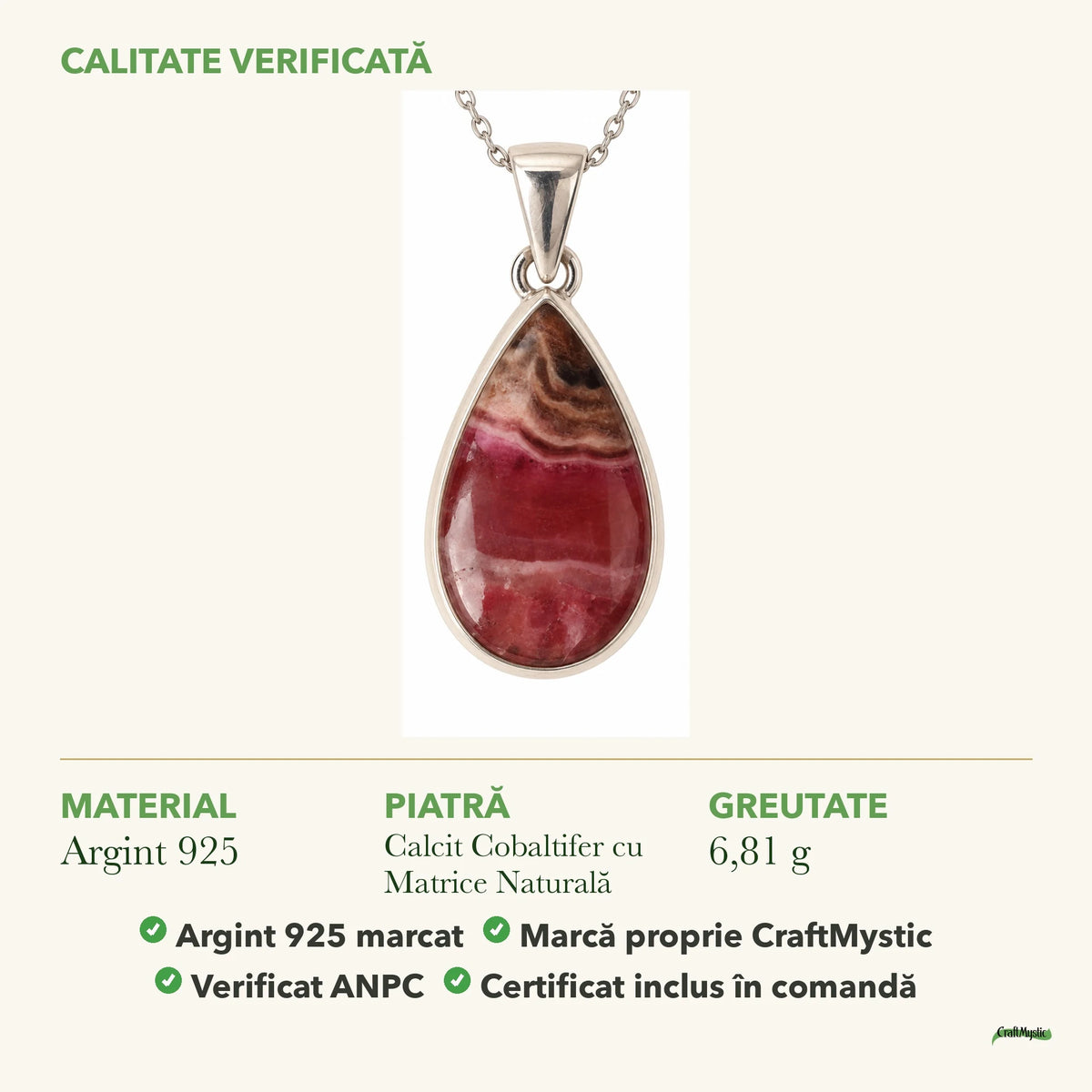 Colier cu Calcit Cobaltifer cu Matrice Naturală: material, dimensiunea pietrei, greutate și marcajul 925