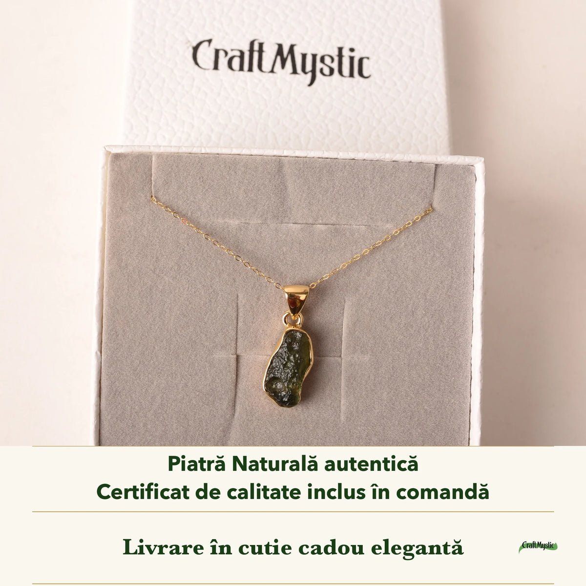 Colier cu Moldavit în cutia cadou CraftMystic, cu certificatul de calitate