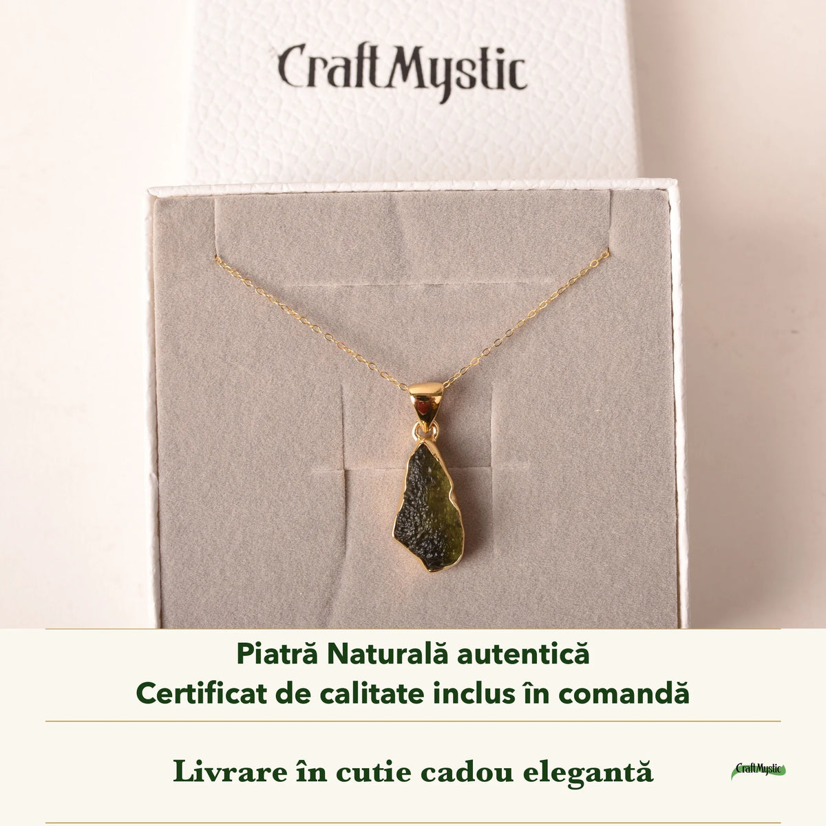 Colier cu Moldavit în cutia cadou CraftMystic, cu certificatul de calitate