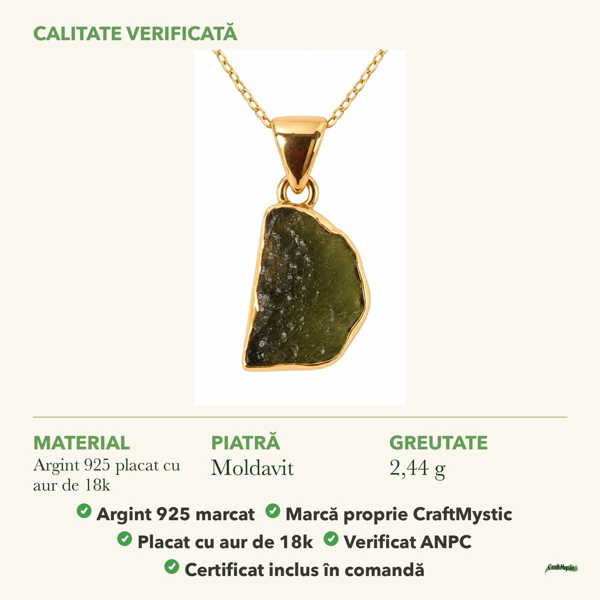 Colier cu Moldavit: material, dimensiunea pietrei, greutate și marcajul 925