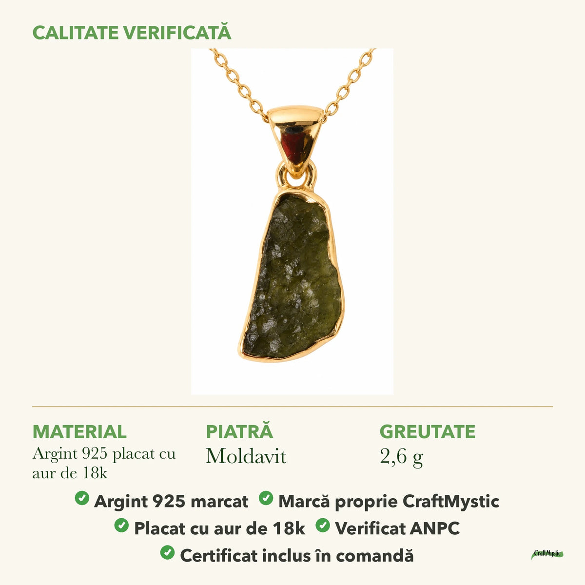 Colier cu Moldavit: material, dimensiunea pietrei, greutate și marcajul 925