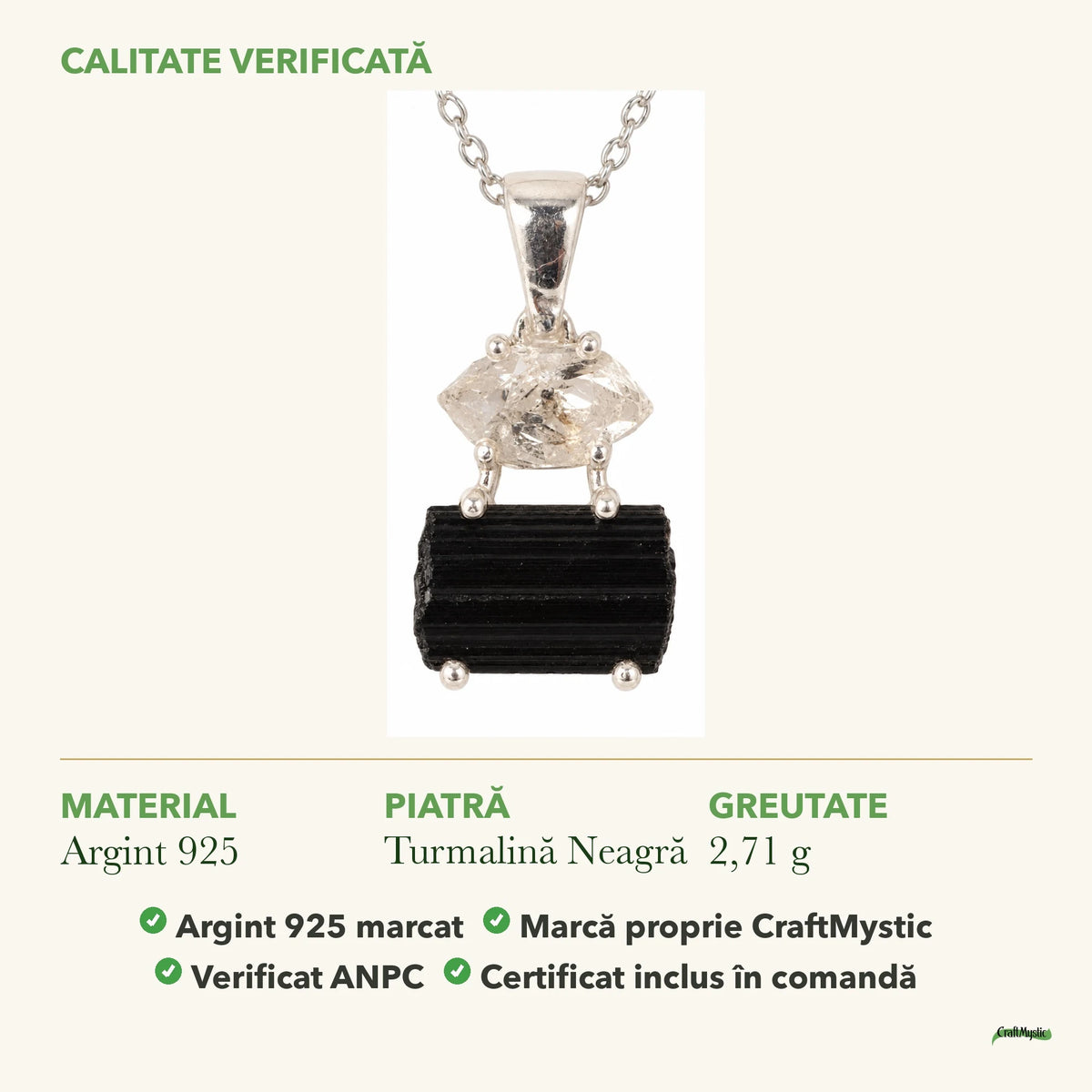 Colier cu Turmalină Neagră și Diamant Pakimer: material, dimensiunea pietrei, greutate și marcajul 925