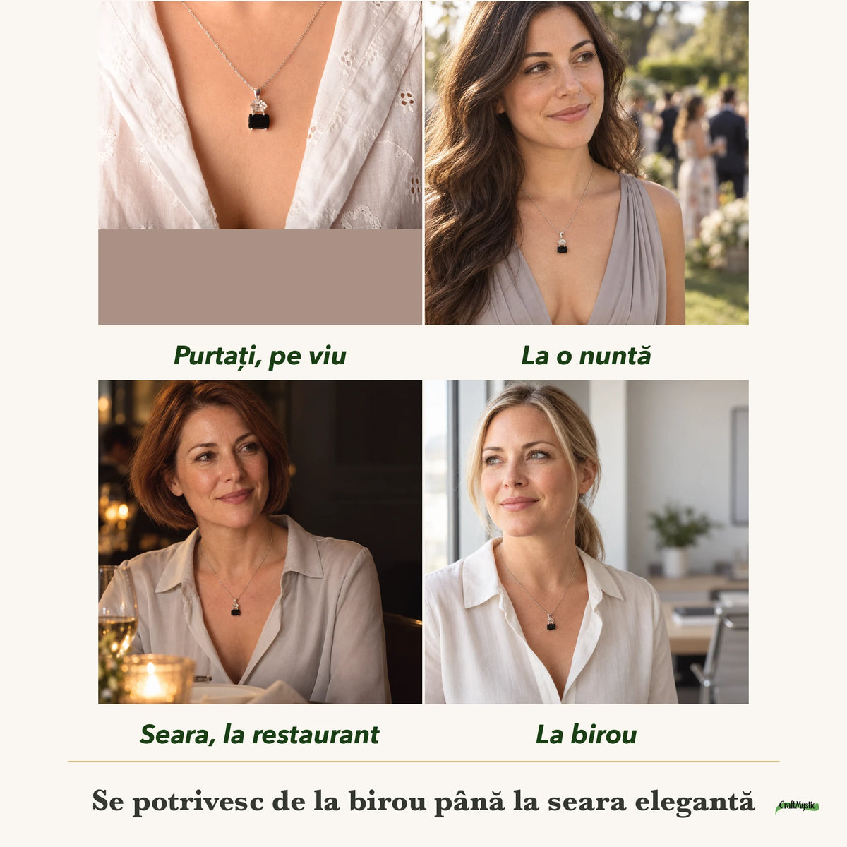 Colier cu Turmalină Neagră și Diamant Pakimer purtați de patru femei, la nuntă, seara, la birou și la o aniversare
