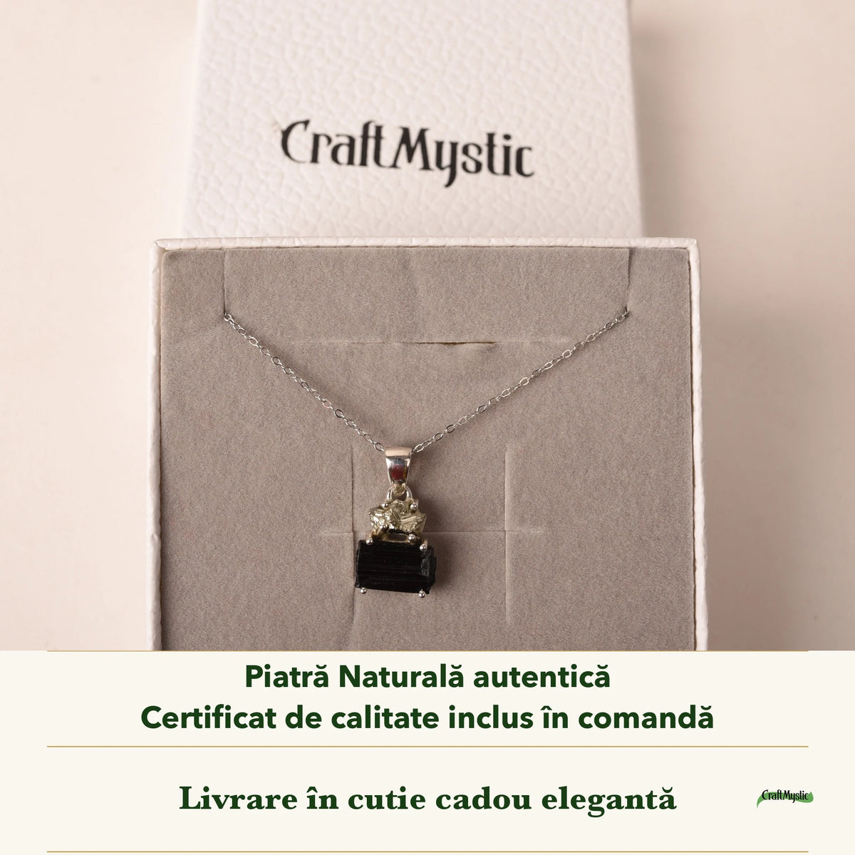 Colier cu Turmalină Neagră și Pirită în cutia cadou CraftMystic, cu certificatul de calitate