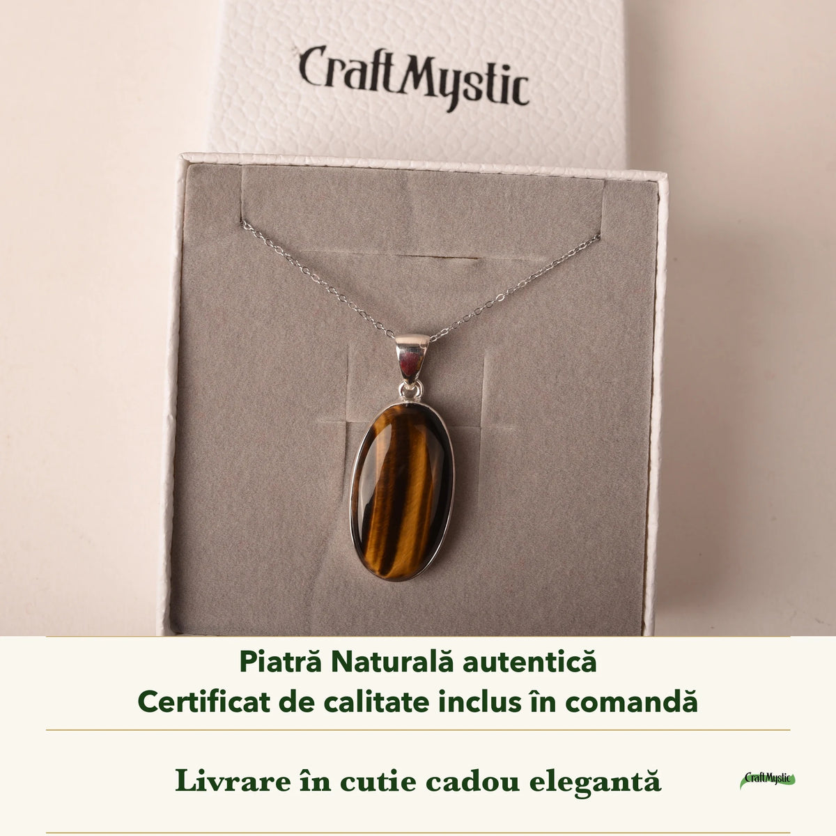 Colier cu Ochi de Tigru în cutia cadou CraftMystic, cu certificatul de calitate
