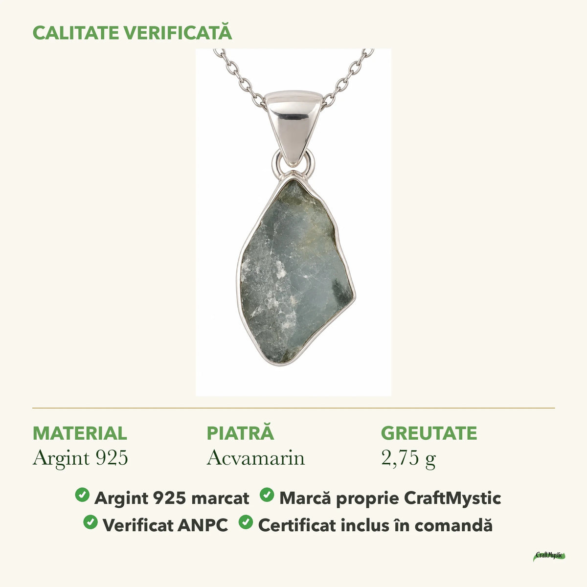 Colier cu Acvamarin: material, dimensiunea pietrei, greutate și marcajul 925