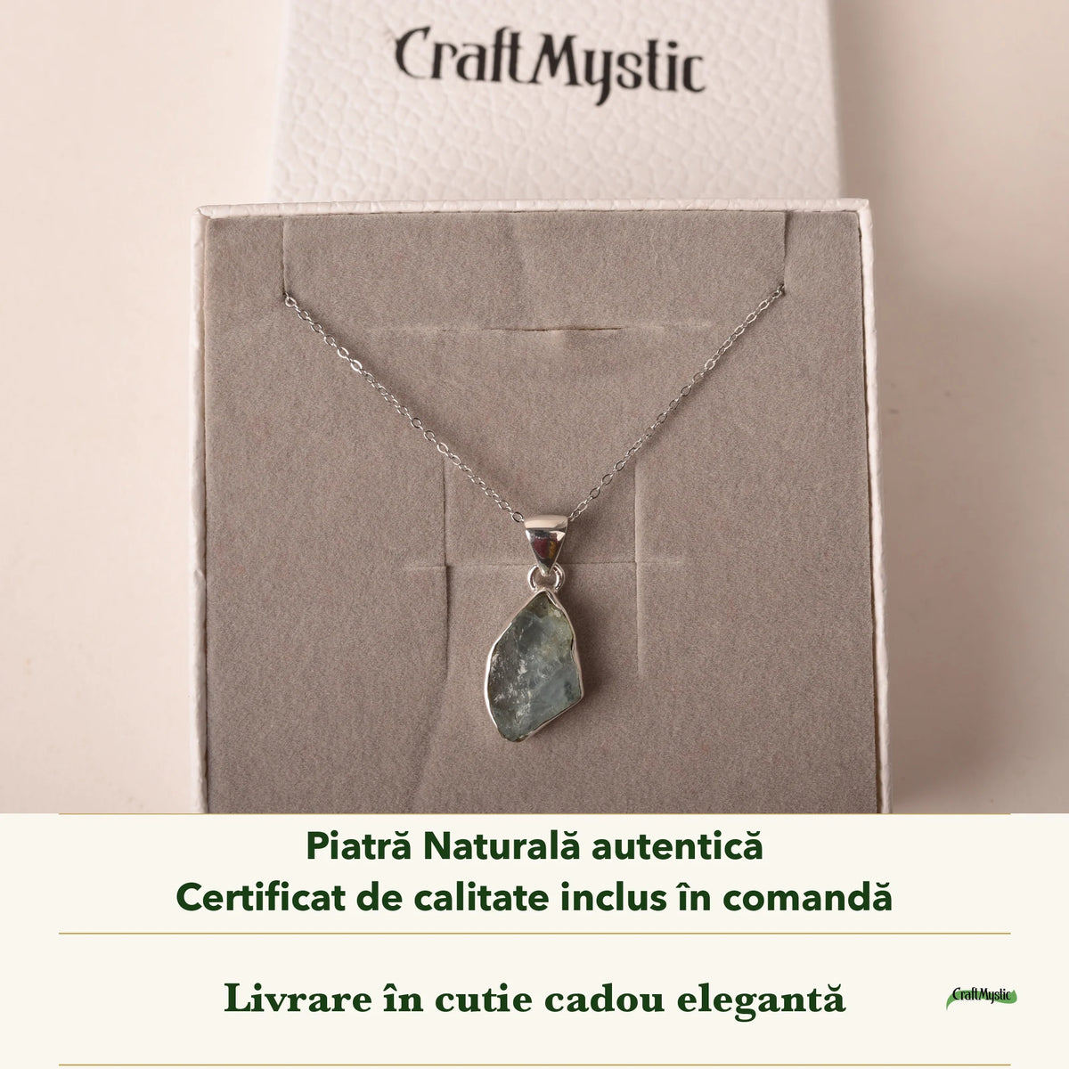 Colier cu Acvamarin în cutia cadou CraftMystic, cu certificatul de calitate