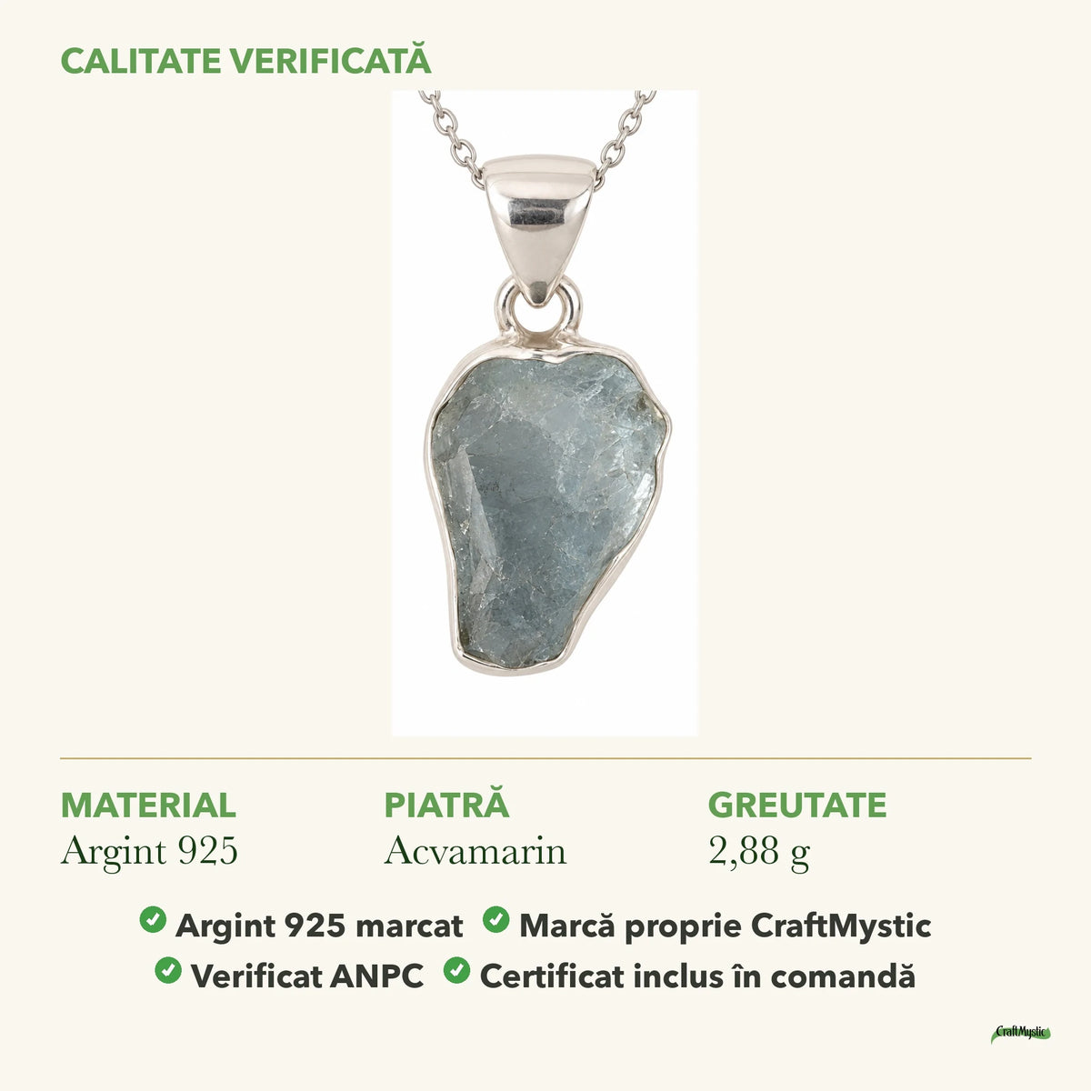 Colier cu Acvamarin: material, dimensiunea pietrei, greutate și marcajul 925