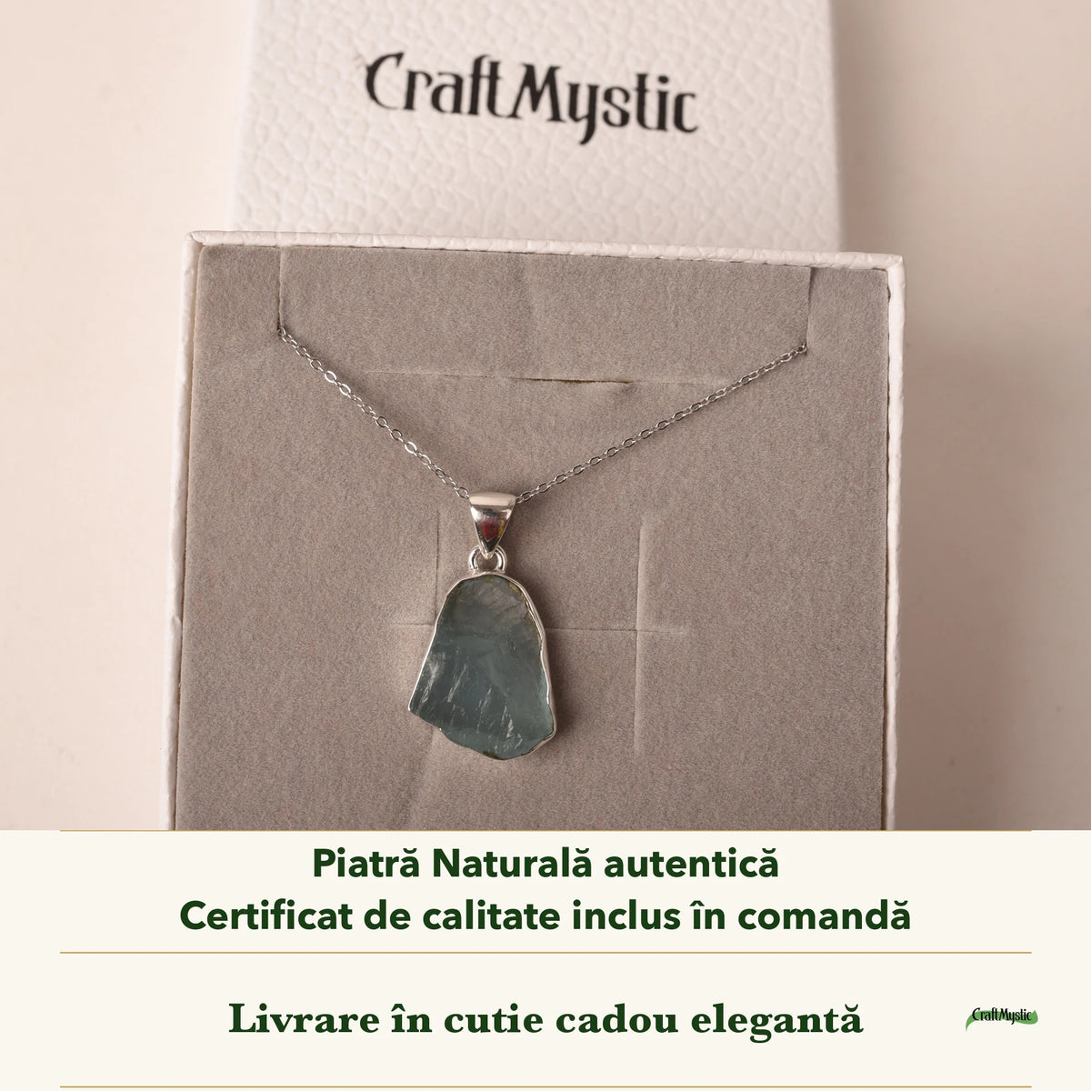 Colier cu Acvamarin în cutia cadou CraftMystic, cu certificatul de calitate