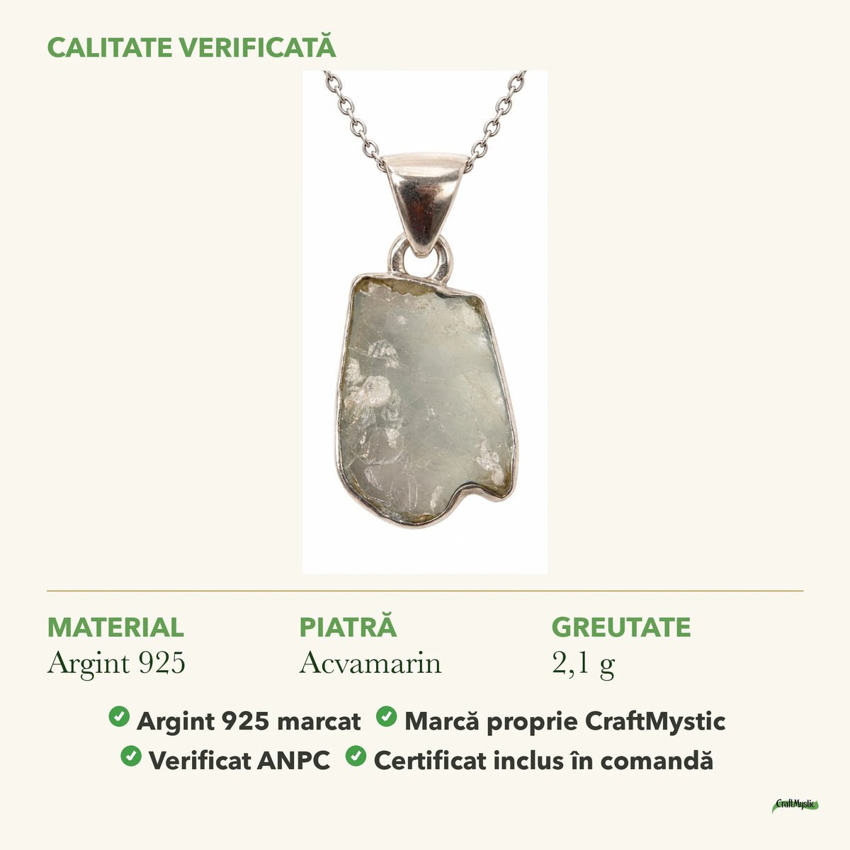 Colier cu Acvamarin: material, dimensiunea pietrei, greutate și marcajul 925