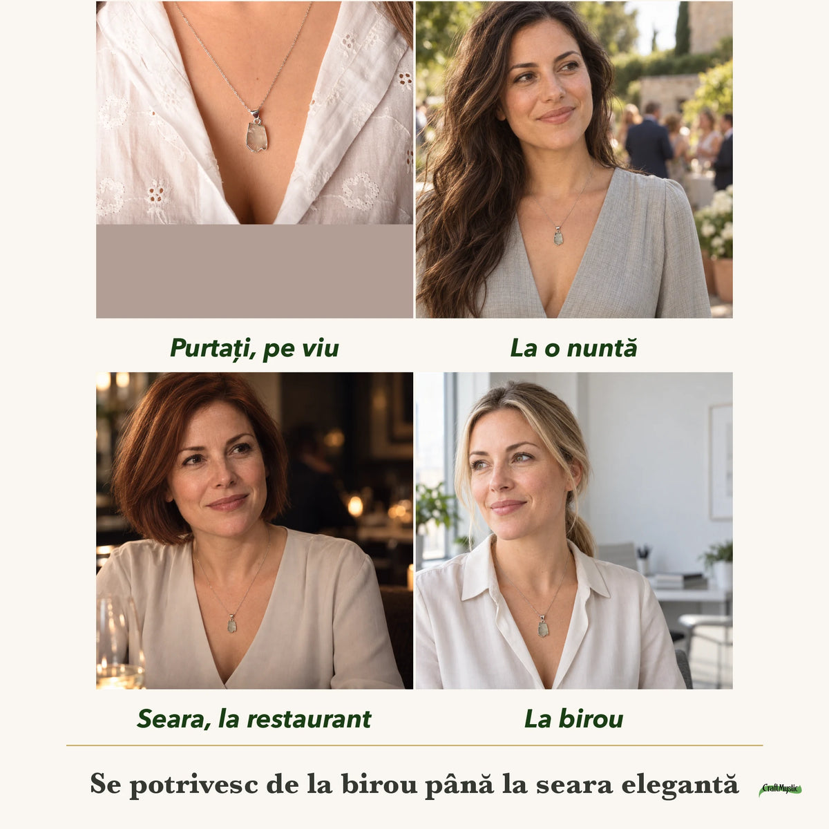 Colier cu Acvamarin purtați de patru femei, la nuntă, seara, la birou și la o aniversare