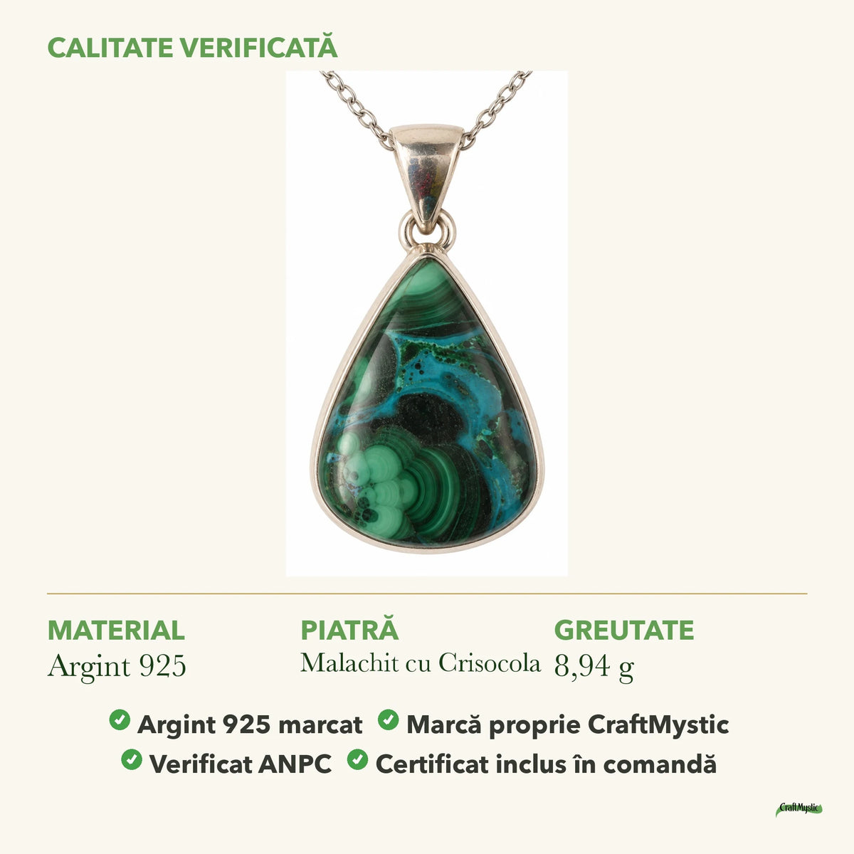 Colier cu Malachit cu Crisocola: material, dimensiunea pietrei, greutate și marcajul 925