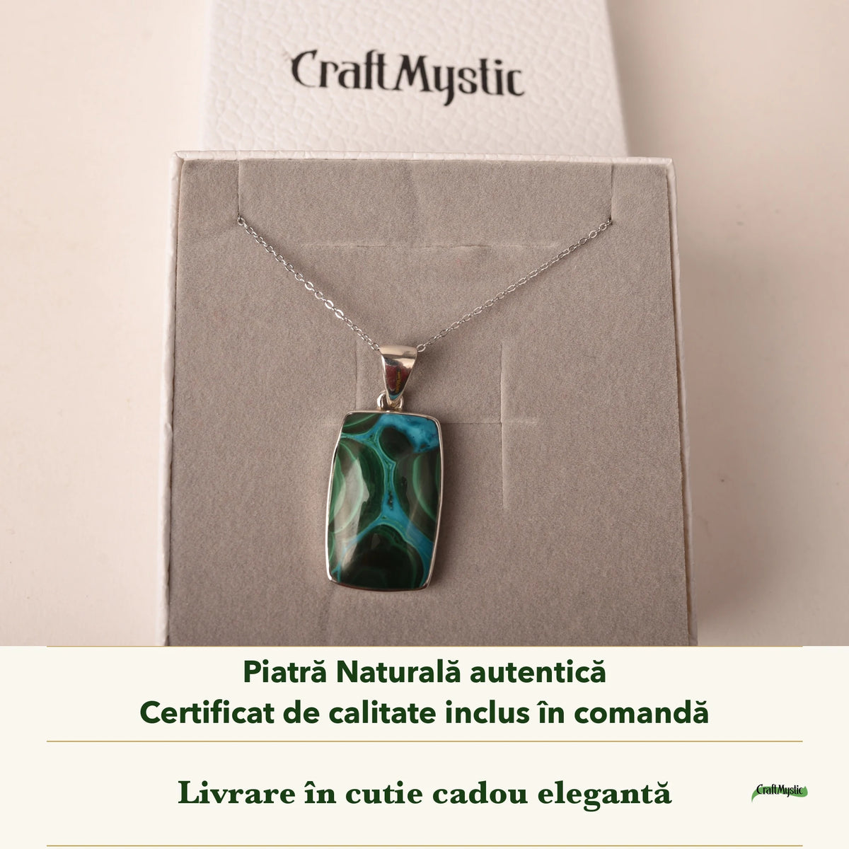 Colier cu Malachit cu Crisocola în cutia cadou CraftMystic, cu certificatul de calitate