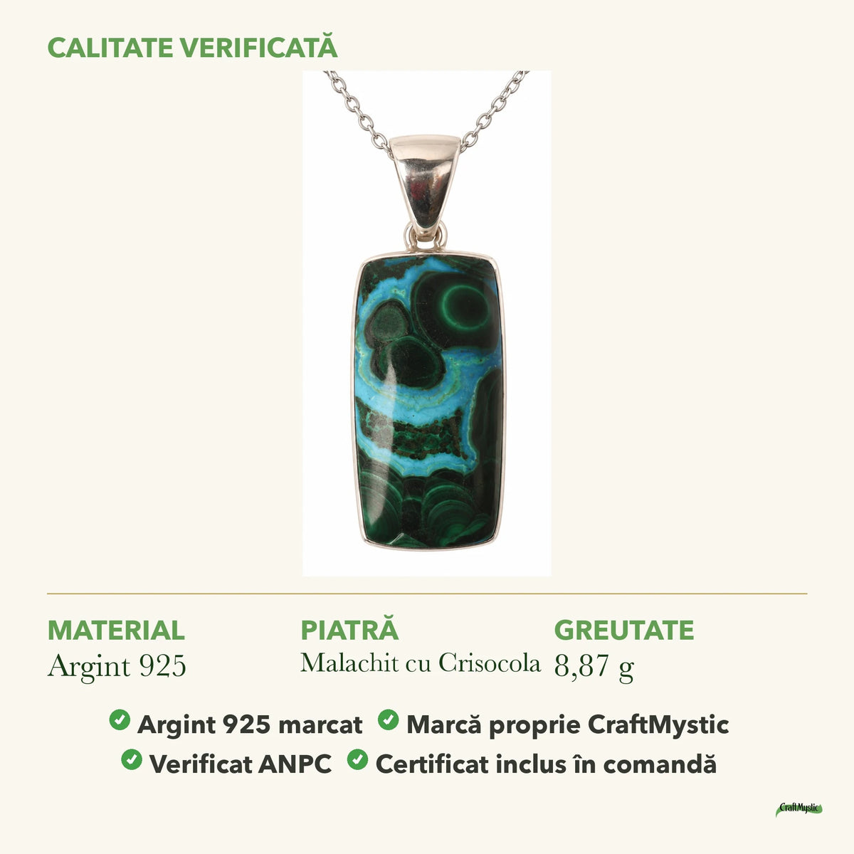 Colier cu Malachit cu Crisocola: material, dimensiunea pietrei, greutate și marcajul 925