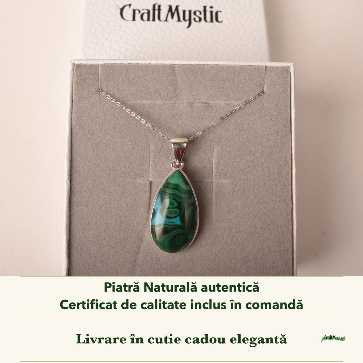 Colier cu Malachit cu Crisocola în cutia cadou CraftMystic, cu certificatul de calitate
