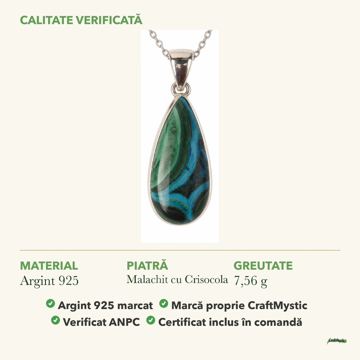 Colier cu Malachit cu Crisocola: material, dimensiunea pietrei, greutate și marcajul 925
