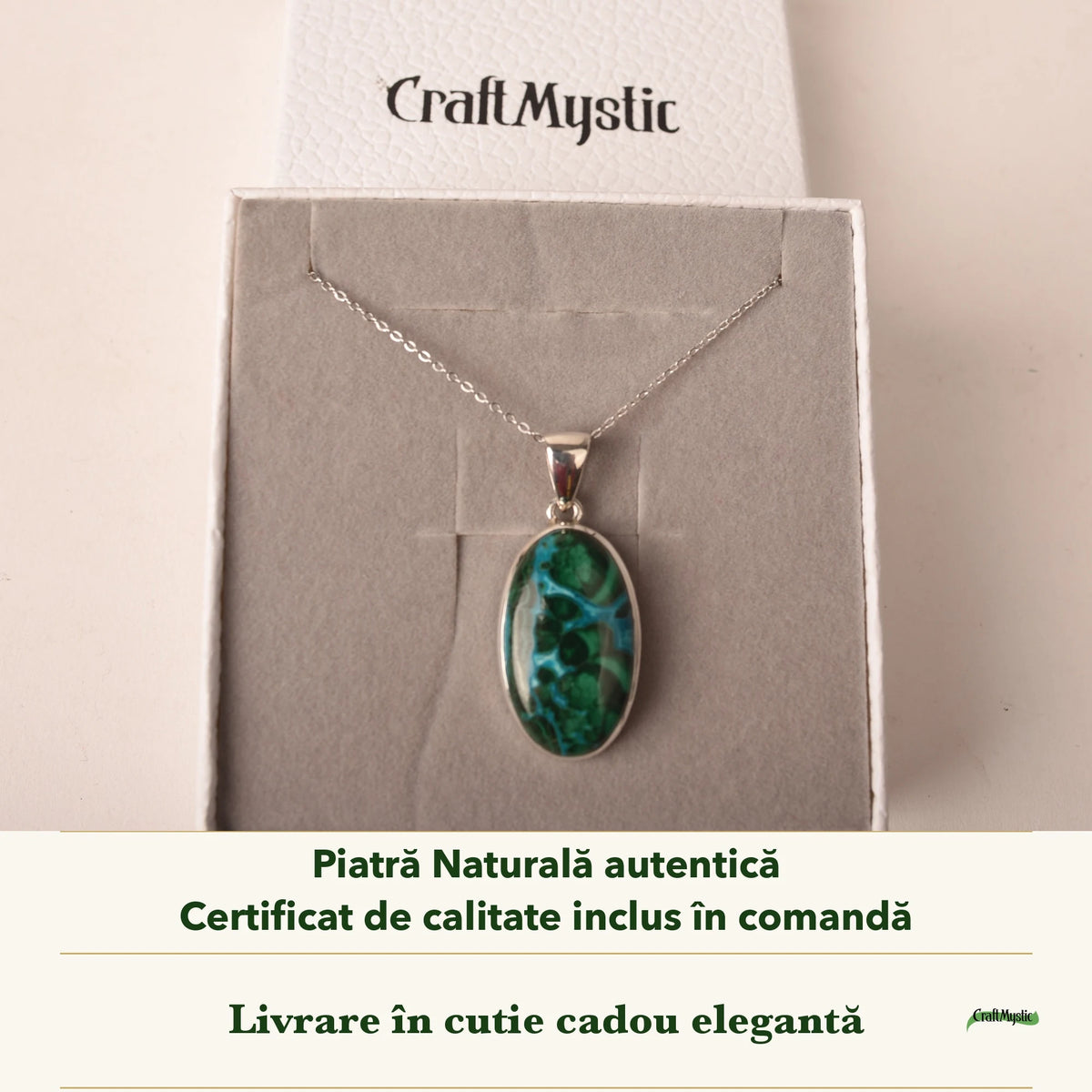 Colier cu Malachit cu Crisocola în cutia cadou CraftMystic, cu certificatul de calitate