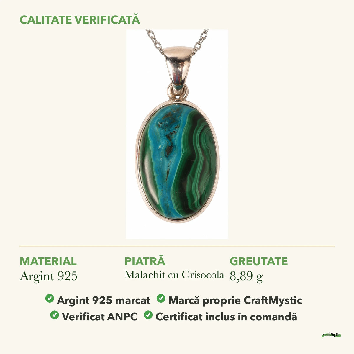 Colier cu Malachit cu Crisocola: material, dimensiunea pietrei, greutate și marcajul 925