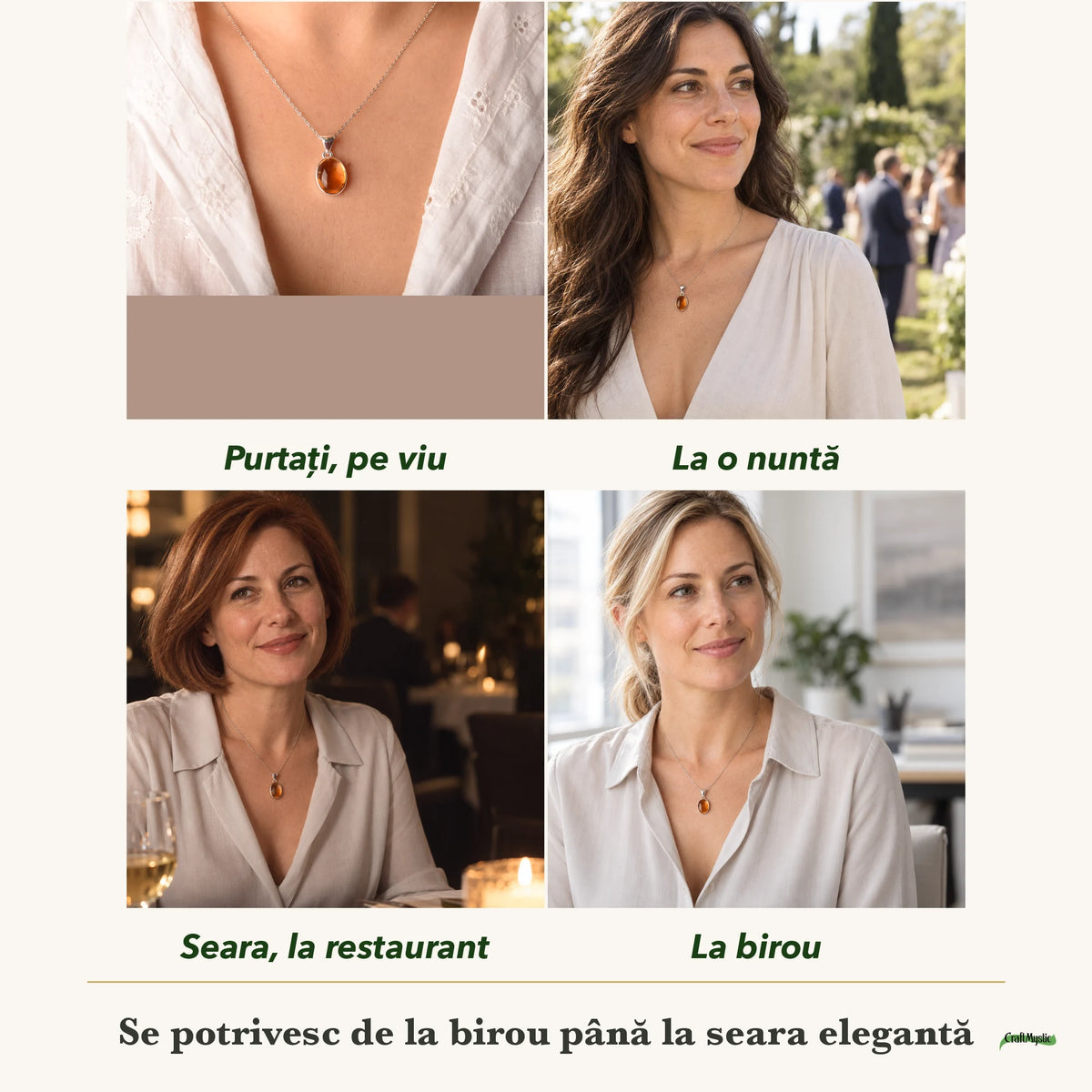 Colier cu Citrin purtați de patru femei, la nuntă, seara, la birou și la o aniversare