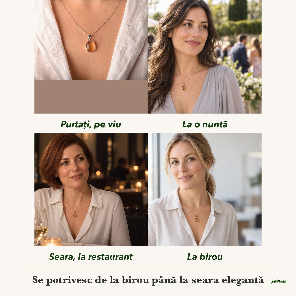 Colier cu Citrin purtați de patru femei, la nuntă, seara, la birou și la o aniversare