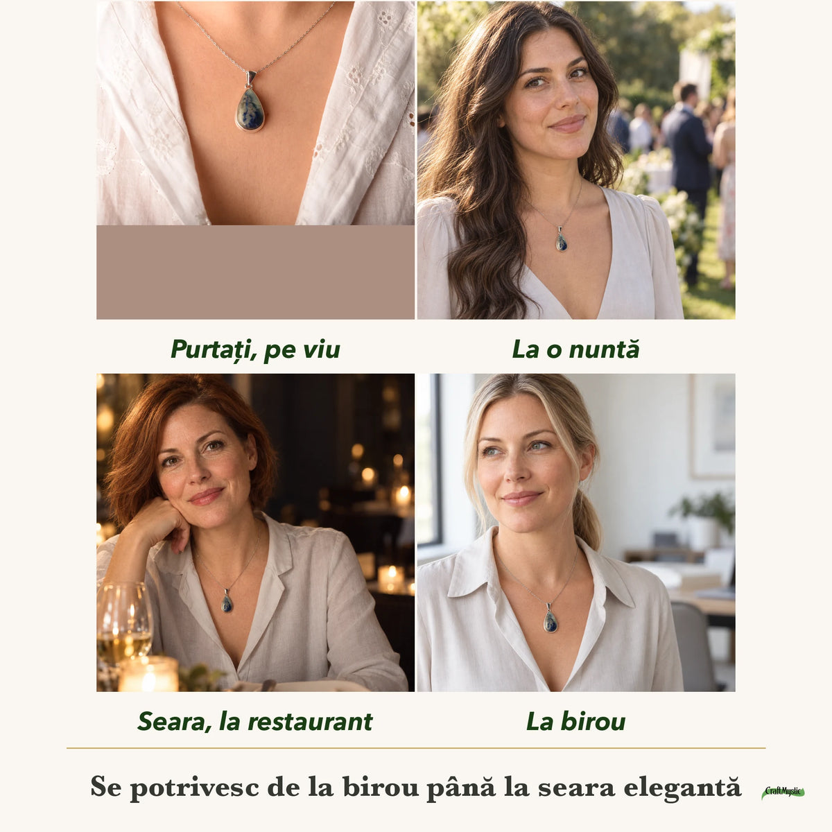 Colier cu Afganit purtați de patru femei, la nuntă, seara, la birou și la o aniversare