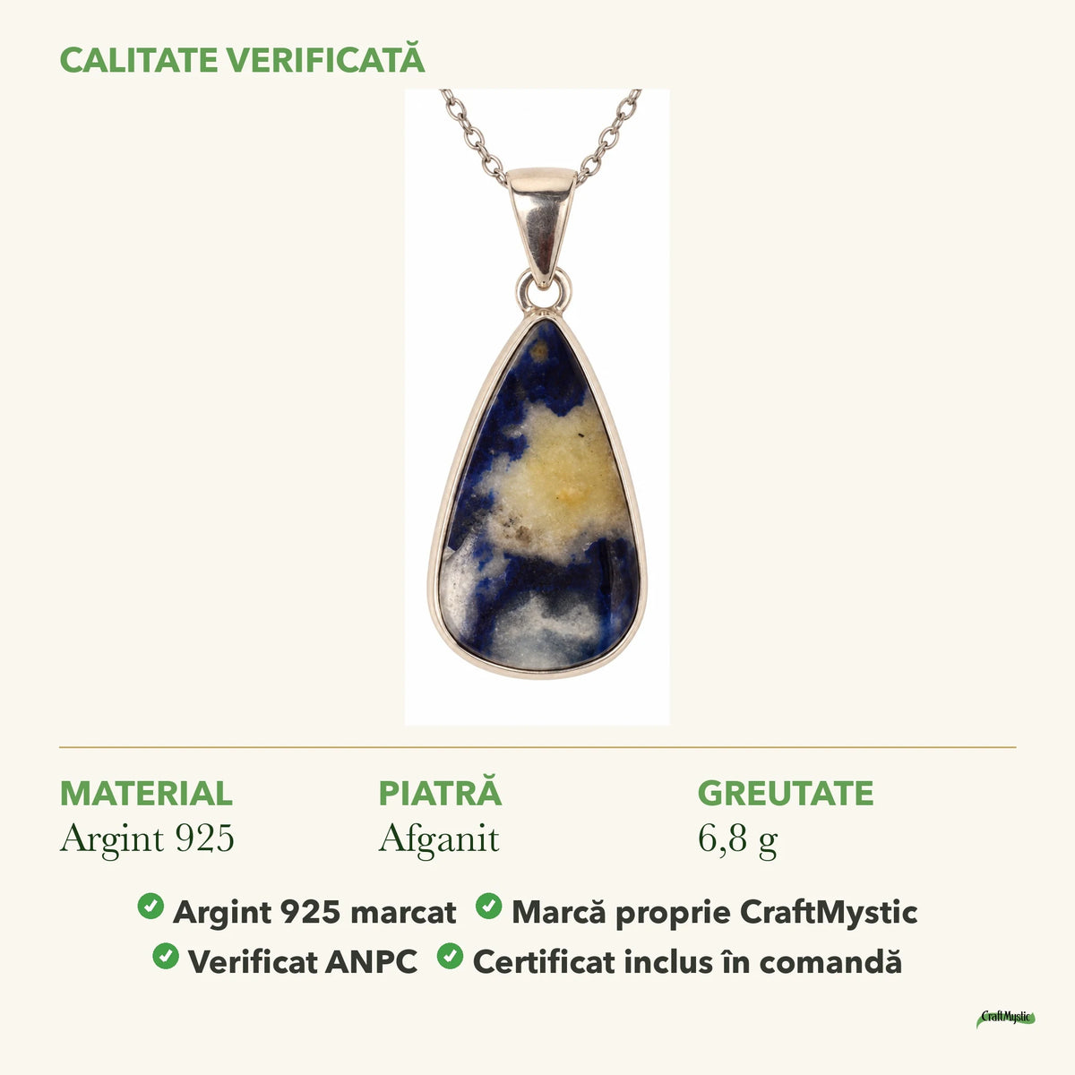 Colier cu Afganit: material, dimensiunea pietrei, greutate și marcajul 925
