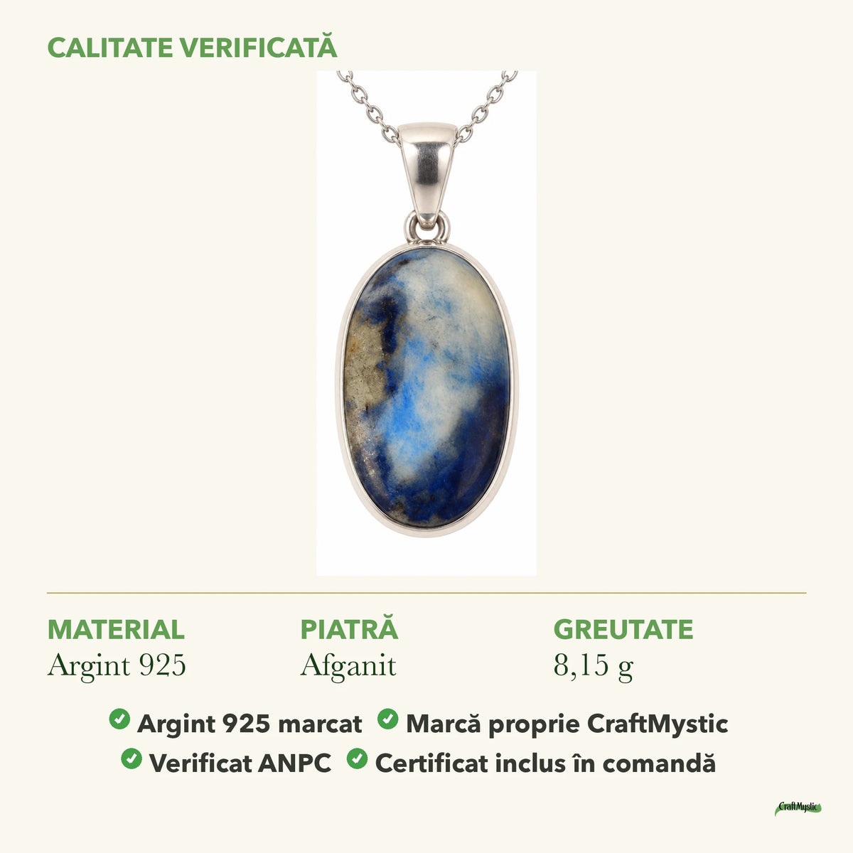 Colier cu Afganit: material, dimensiunea pietrei, greutate și marcajul 925