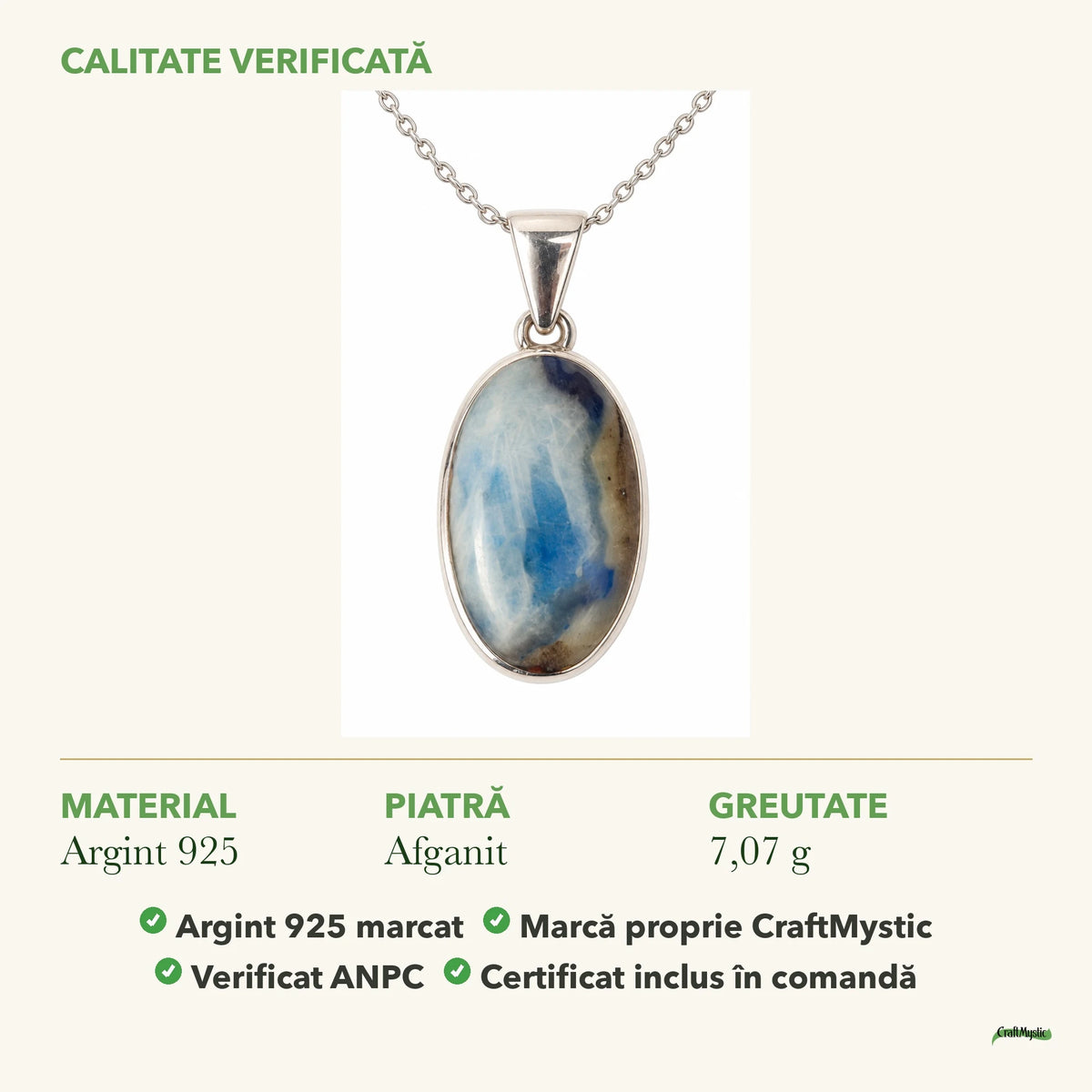 Colier cu Afganit: material, dimensiunea pietrei, greutate și marcajul 925