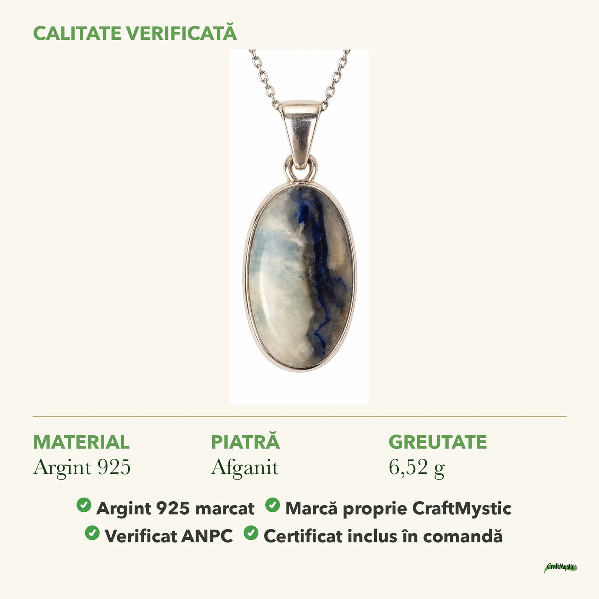 Colier cu Afganit: material, dimensiunea pietrei, greutate și marcajul 925