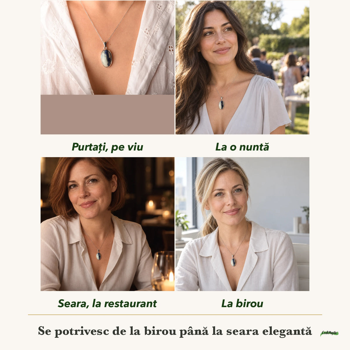Colier cu Afganit purtați de patru femei, la nuntă, seara, la birou și la o aniversare