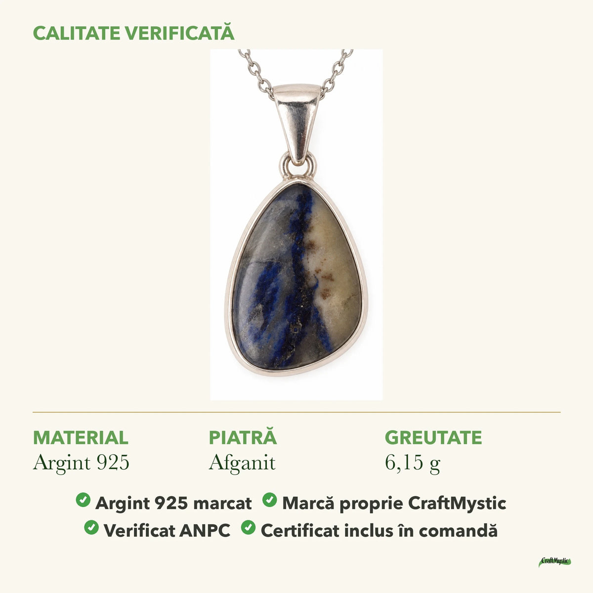 Colier cu Afganit: material, dimensiunea pietrei, greutate și marcajul 925