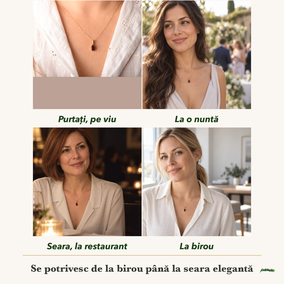 Colier cu Turmalină Roz purtați de patru femei, la nuntă, seara, la birou și la o aniversare