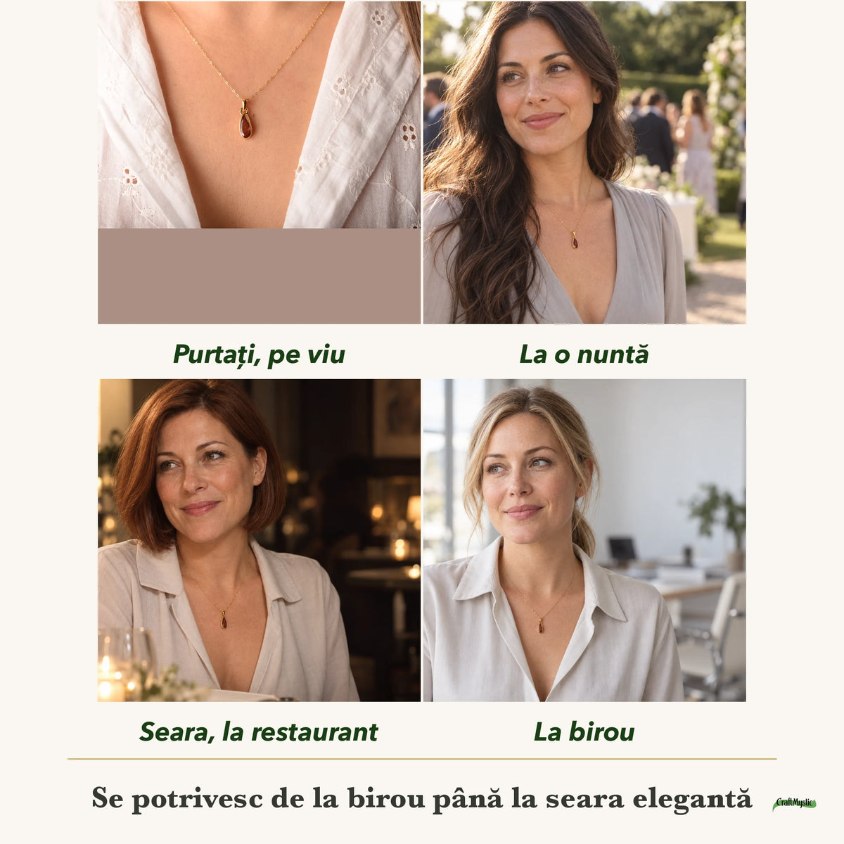 Colier cu Turmalină Roz purtați de patru femei, la nuntă, seara, la birou și la o aniversare