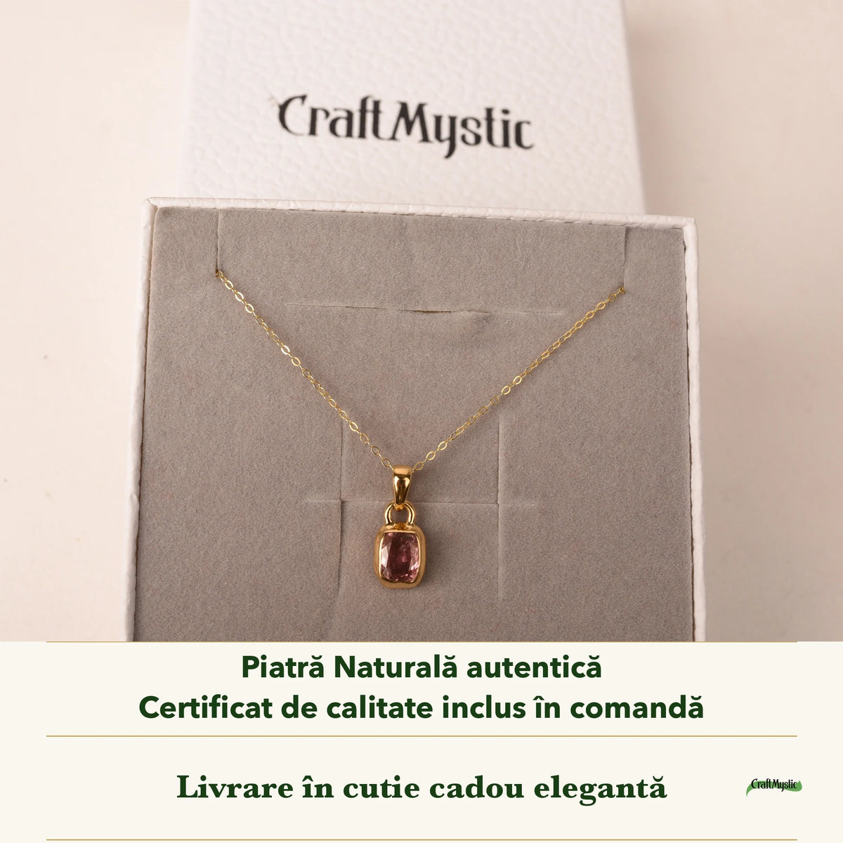 Colier cu Turmalină Roz în cutia cadou CraftMystic, cu certificatul de calitate