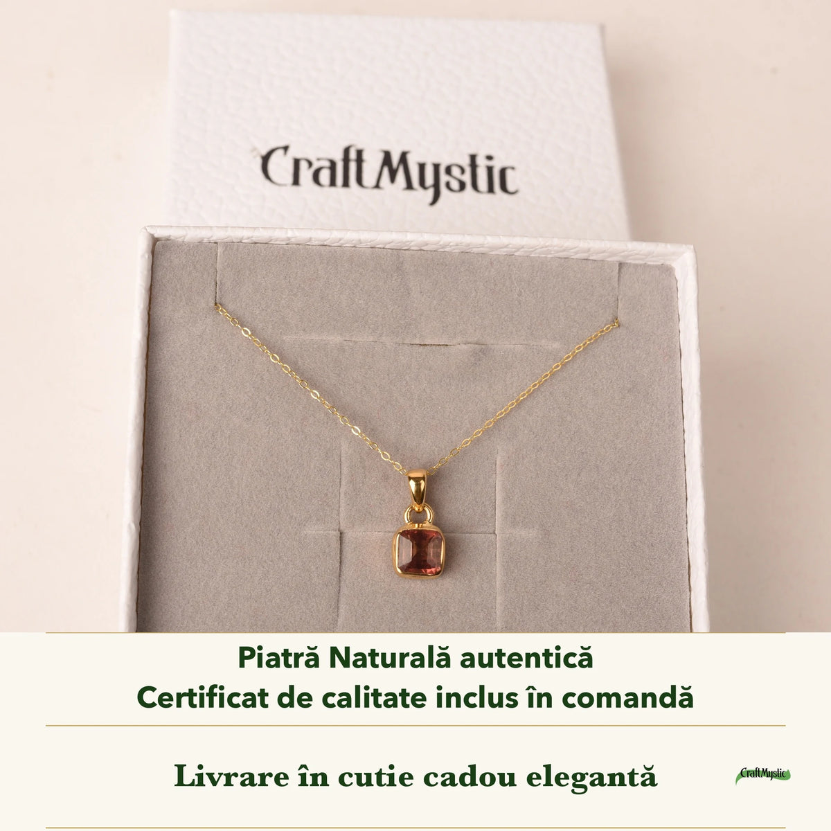 Colier cu Turmalină Roz în cutia cadou CraftMystic, cu certificatul de calitate