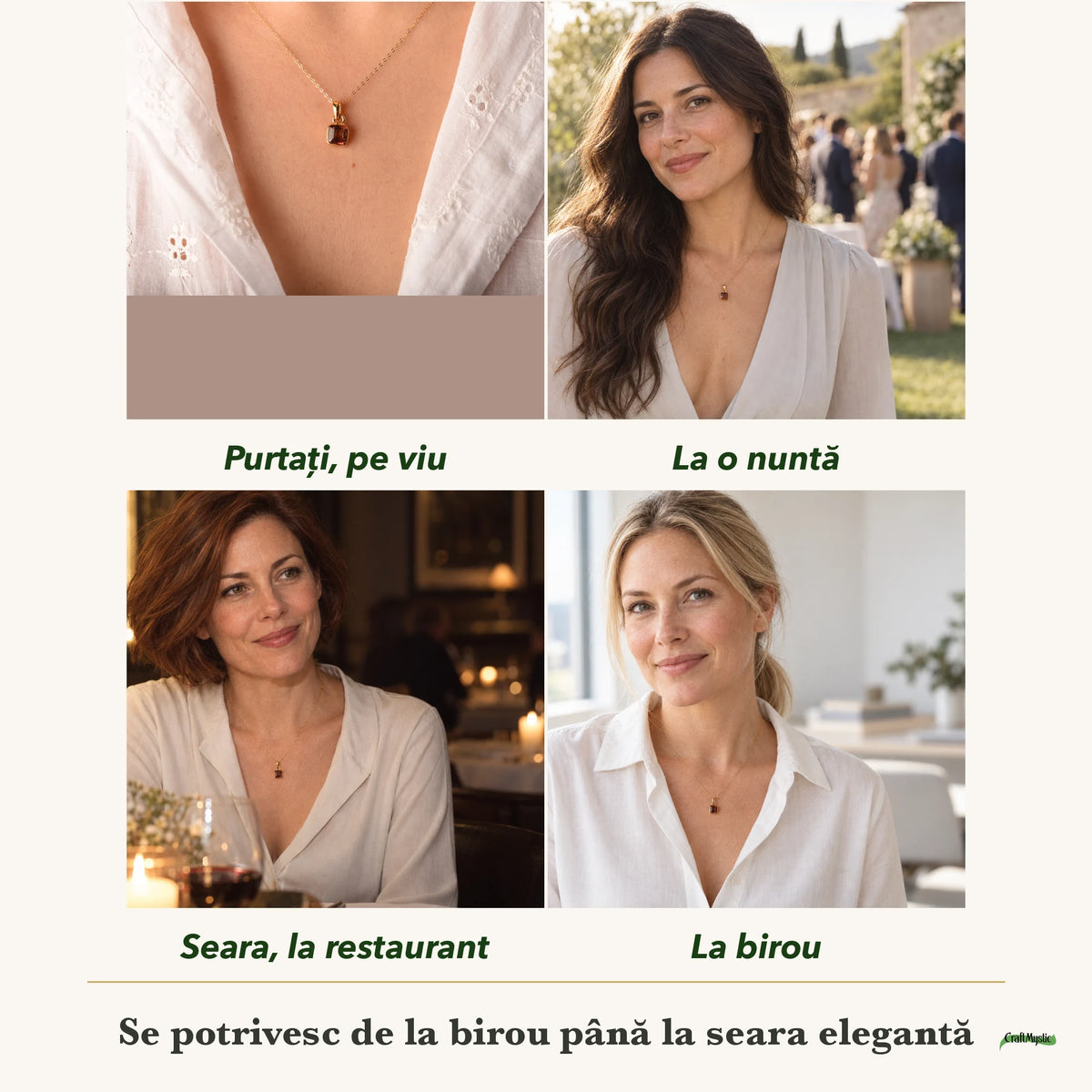 Colier cu Turmalină Roz purtați de patru femei, la nuntă, seara, la birou și la o aniversare